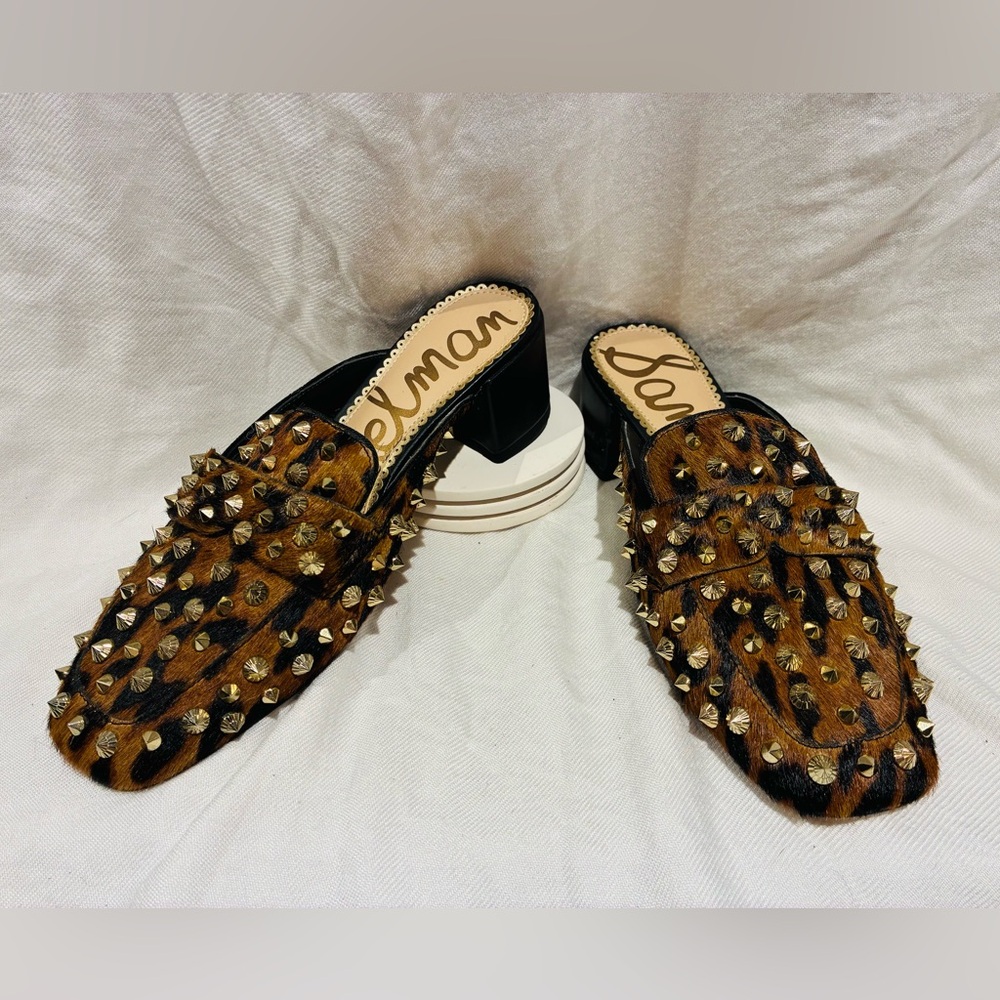 Sam Edelman Leopard Print Studded Mules, Genuine Leather and Dyed Hair, sz 5: